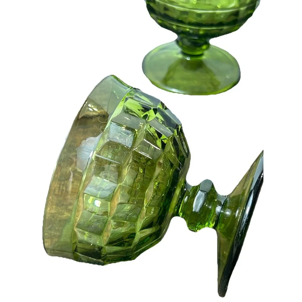 Green Glass Dessert Goblets Footed Cubist Bowls Mid Century VTG Indiana Glass